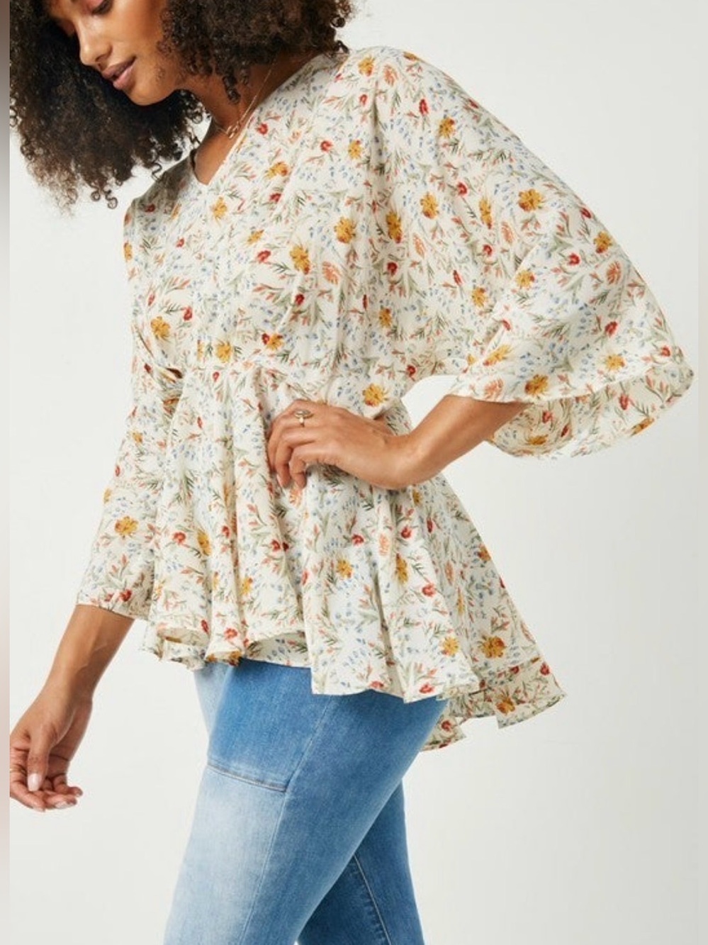 Boutique Brand, Hayden, Cream Floral V-Neck Peplum Top with Yellow & Red Flowers